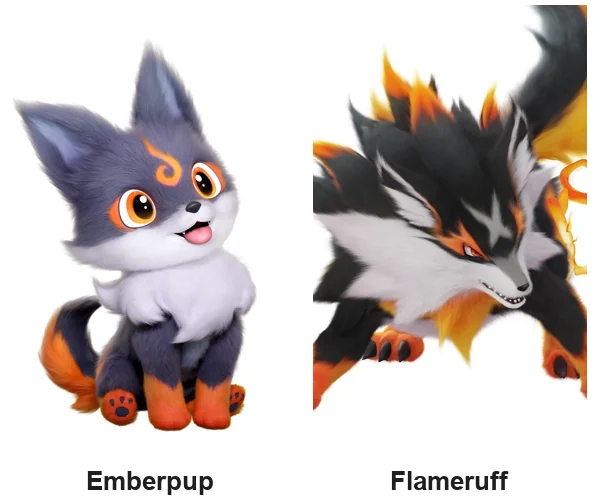 Emberpup และ Flameruff Aniimo ธาตุไฟระดับเริ่มต้น
