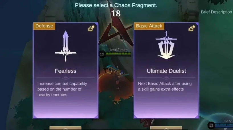 หน้าจอเลือกการ์ด Chaos Fragment ใน Chaos Clash มีตัวเลือก Fearless และ Ultimate Duelist