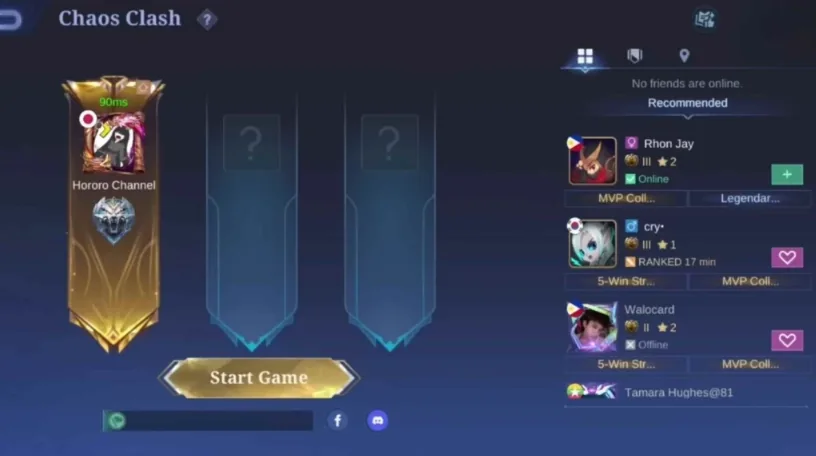 หน้าล็อบบี้โหมด Chaos Clash ใน Mobile Legends Bang Bang พร้อมปุ่ม Start Game