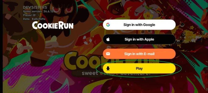หน้าเข้าสู่ระบบ CookieRun Classic เลือกเล่นแบบ Guest ก่อนเพื่อรีไอดี