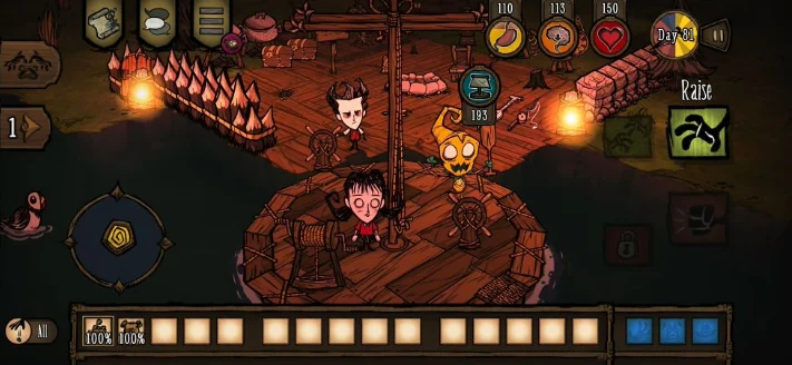 หน้าจอ Don't Starve Together Mobile แสดงระบบควบคุมแบบสัมผัสบนมือถือ
