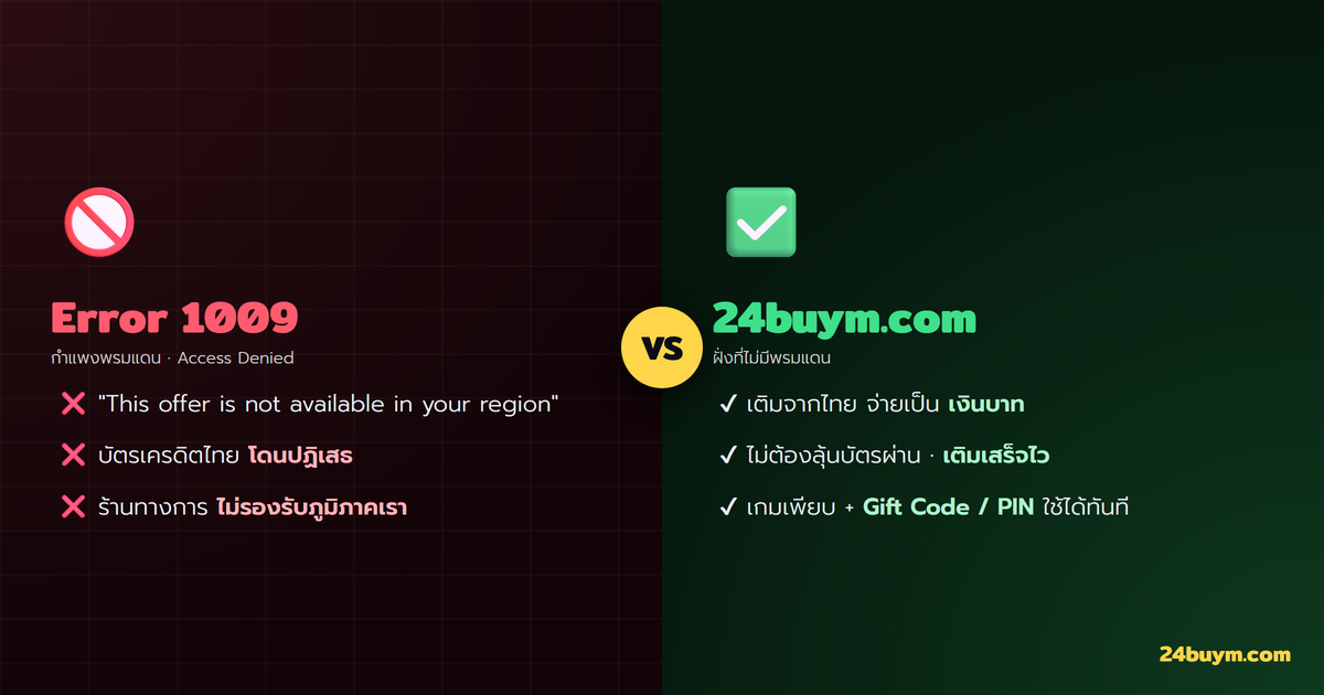 เปรียบเทียบ Error 1009 กำแพงพรมแดน กับ 24buym เติมเกมเป็นเงินบาทไม่มีพรมแดน