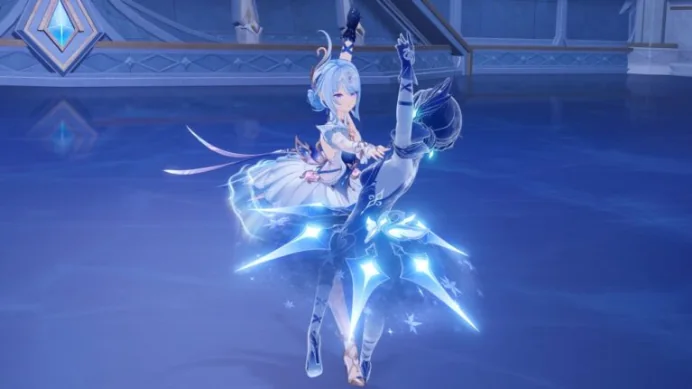 Odette ขณะร่ายท่าเต้นพร้อมเอฟเฟกต์ประกายดาวสีน้ำเงิน ในเวอร์ชัน 7.0 แดนหิมะที่เทวาไร้ปรานี