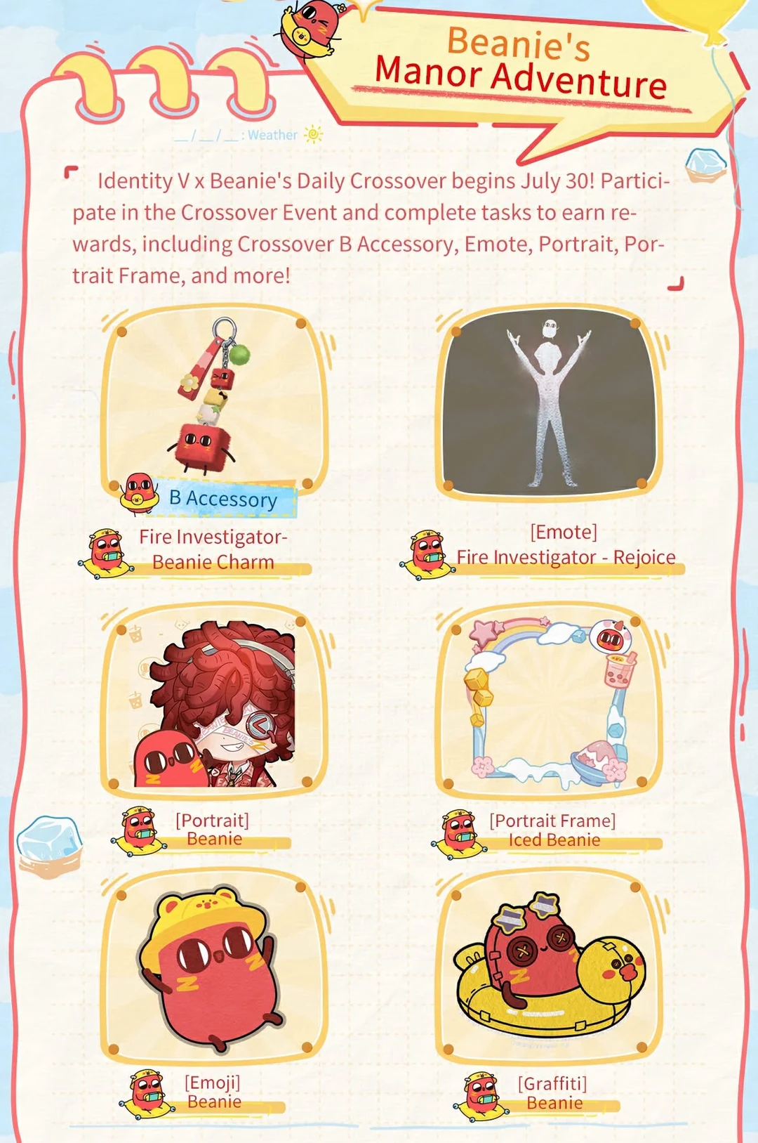 รายการของรางวัลฟรีจากกิจกรรม Beanie's Manor Adventure ในคอลแลบ Identity V x Beanie's Daily