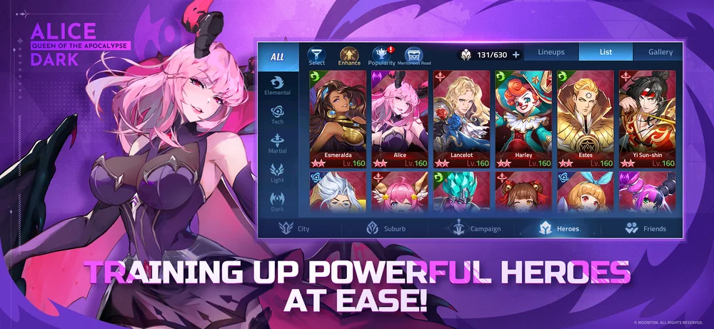 หน้าจอรวมฮีโร่และการฝึกฮีโร่ในเกม Mobile Legends: Adventure