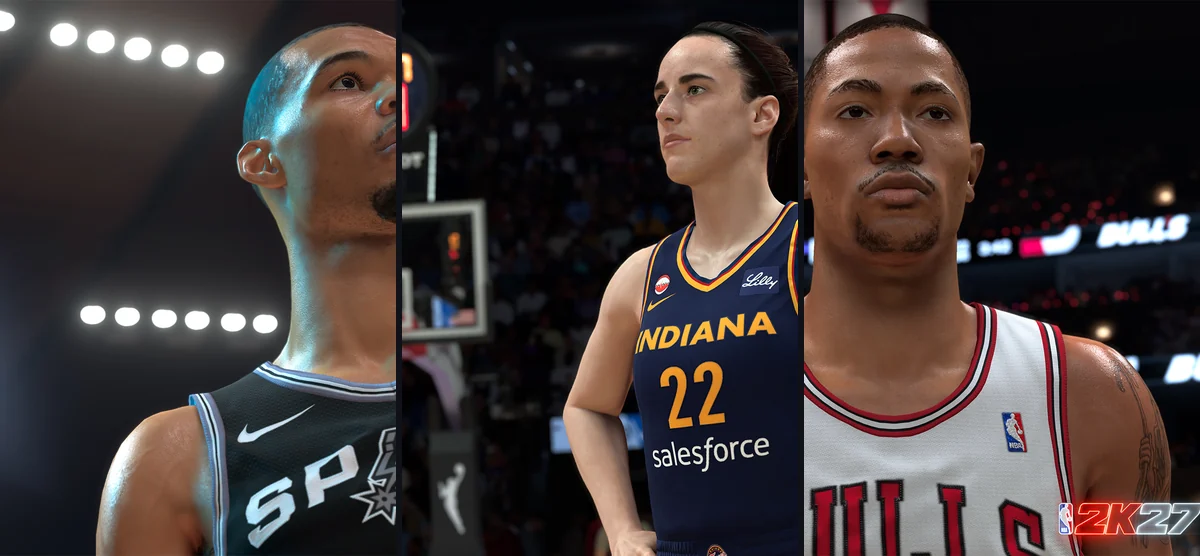 นักบาสหน้าปก NBA 2K27 ทั้งสามคน Victor Wembanyama, Caitlin Clark และ Derrick Rose