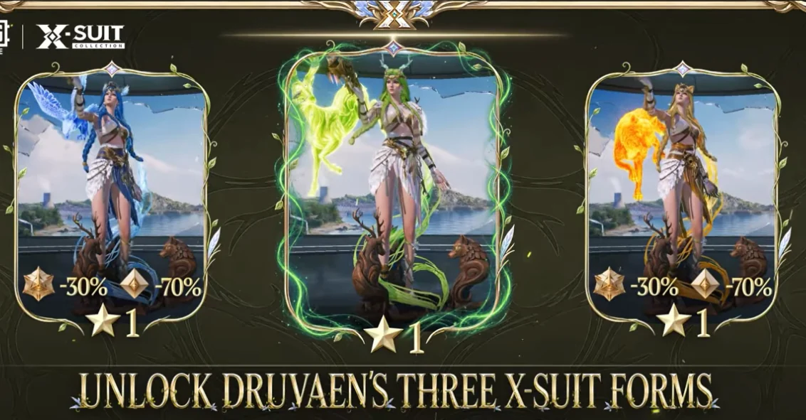 ทั้ง 3 ร่างของ Druvaen X-Suit ในเกม PUBG Mobile ร่างป่าไม้ น้ำแข็ง และไฟ