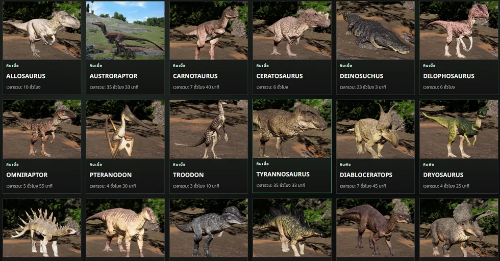 รายชื่อไดโนเสาร์ที่เล่นได้ใน The Isle Evrima