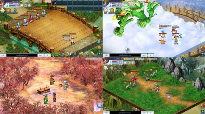ภาพเกมเพลย์ TS Online แผนที่ บอส และการต่อสู้แบบเทิร์นเบส