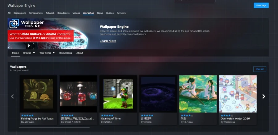 หน้า Steam Workshop ของ Wallpaper Engine